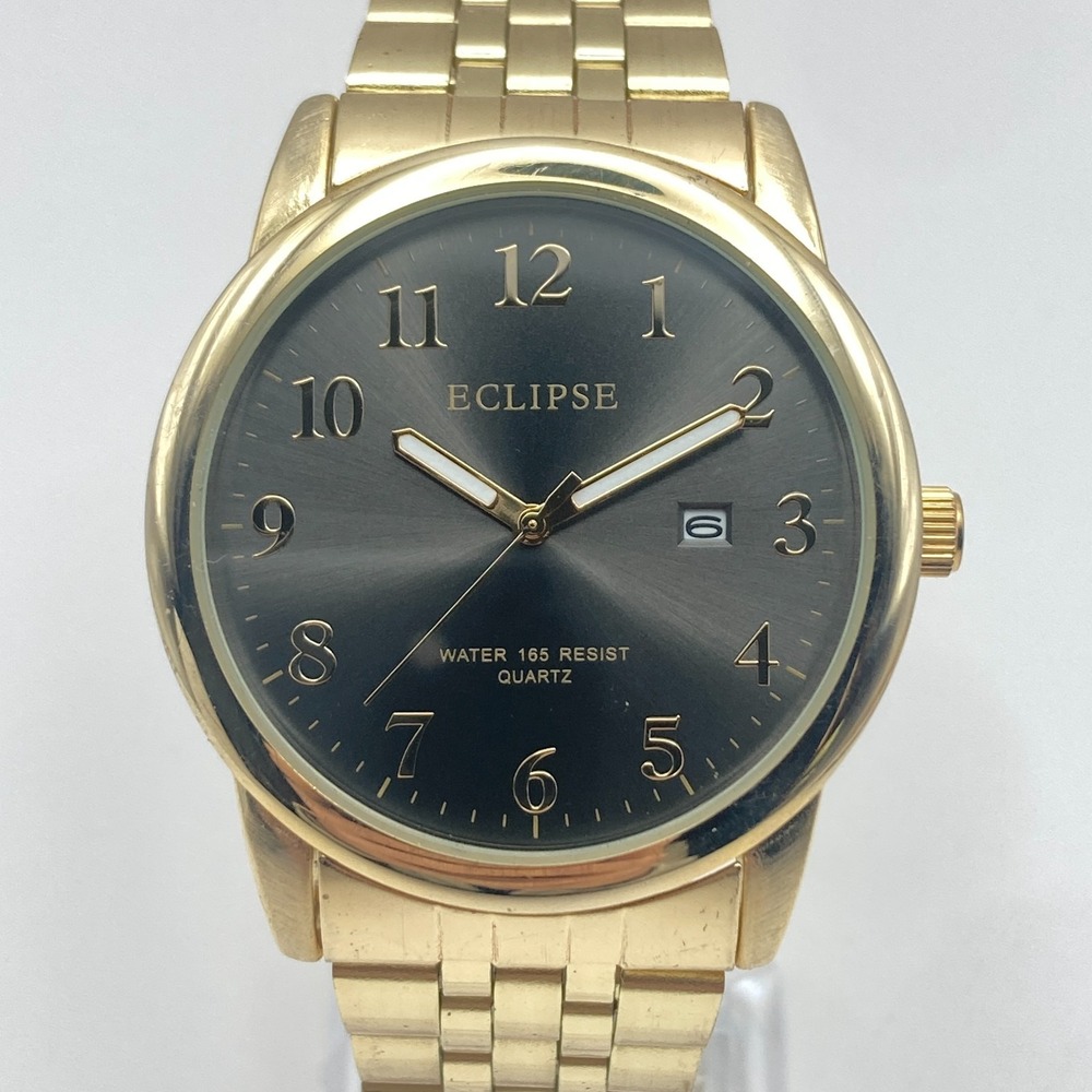 Eclipse Mens Watch 41mm Gold Tone Date Grey Dial 50M WR Classic New Battery 8"